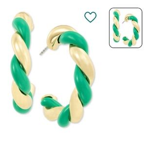 On 34th Macy's Gold-Tone Green Swirl Medium Hoop Earrings. 1.2" diameter. NWT.